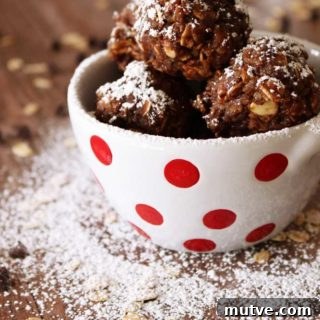 White bowl with red dots sitting on a brown table containing 3 No-Bake Quinoa Protein Bites topped with powdered sugar.