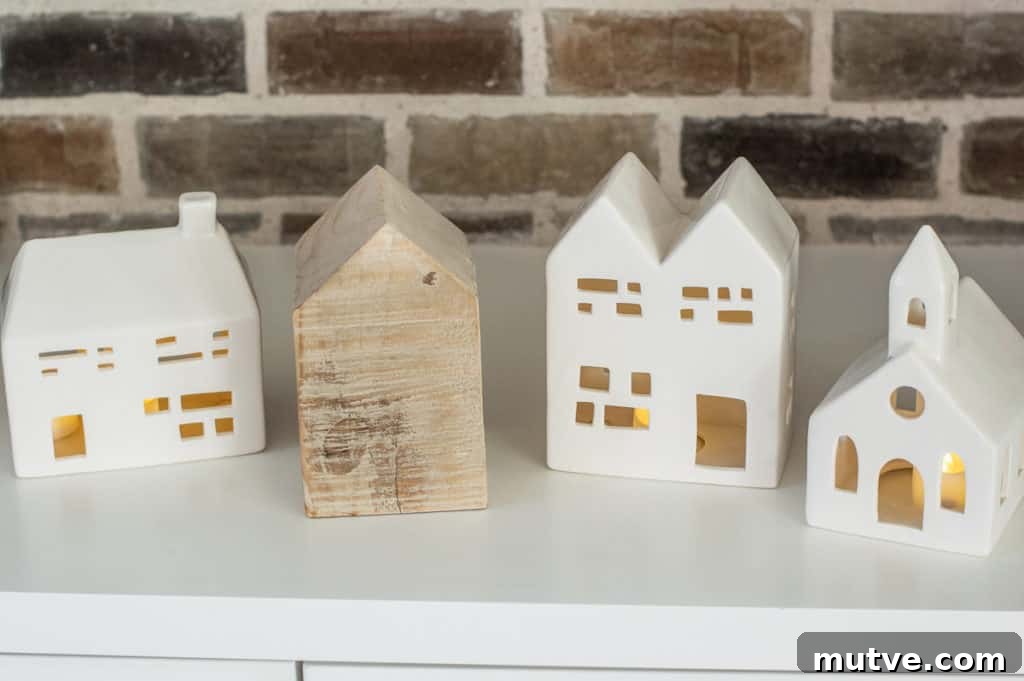 Little ceramic christmas houses and a wood house 