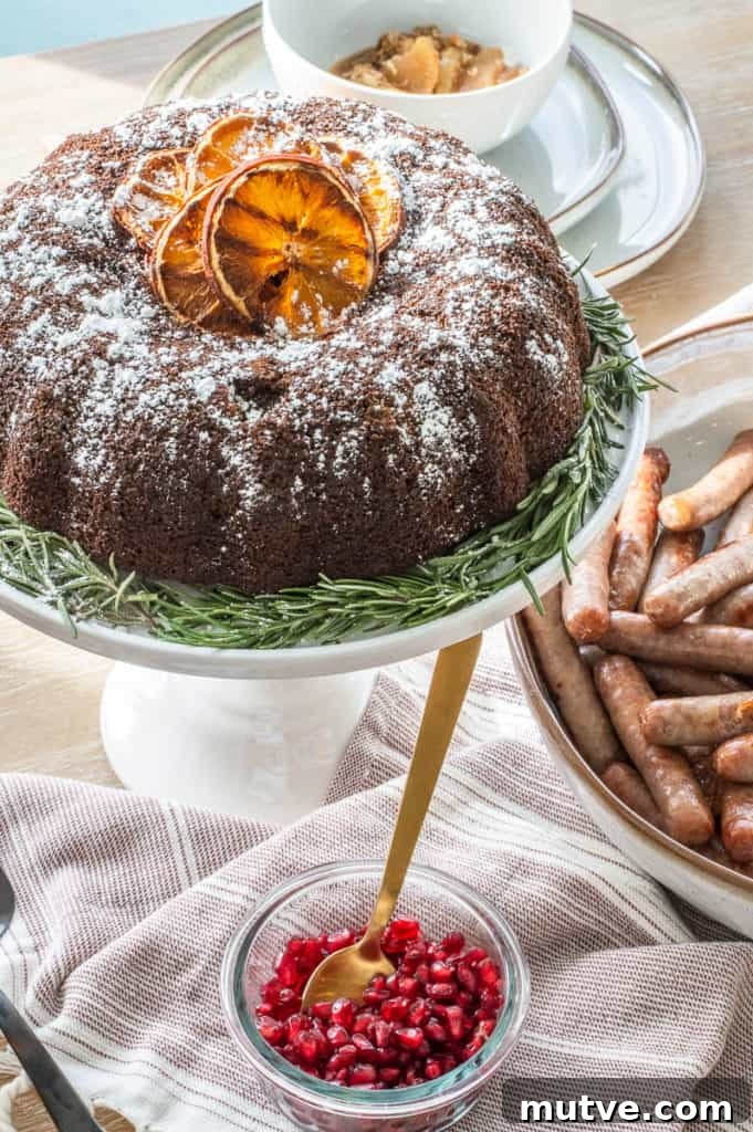 Gluten-free gingerbread cake, sausage and pomegranate seeds