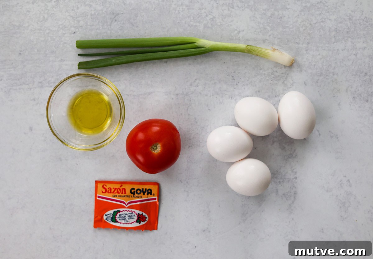 four eggs, tomato, scallions, and sazon.