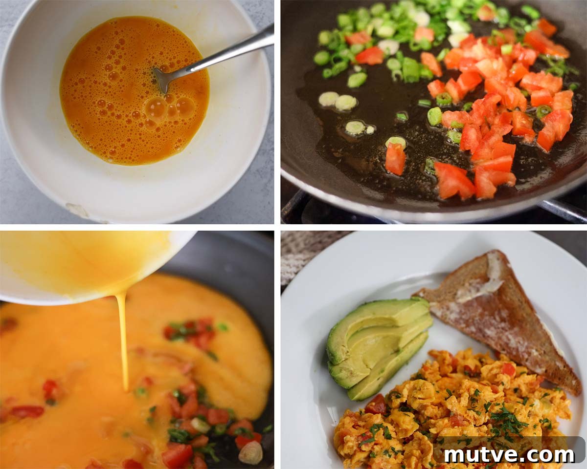 four photos showing how to cook huevos pericos step by step.