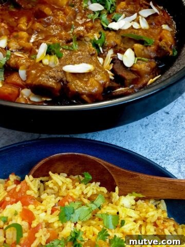 A tagine filled with Moroccan lamb stew next to a bowl of spicy rice.
