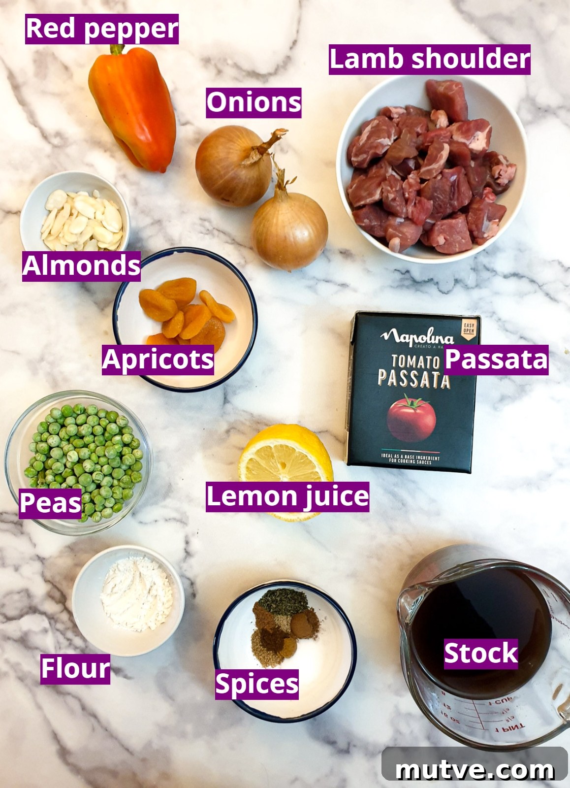 Ingredients needed to make a Moroccan lamb pie.