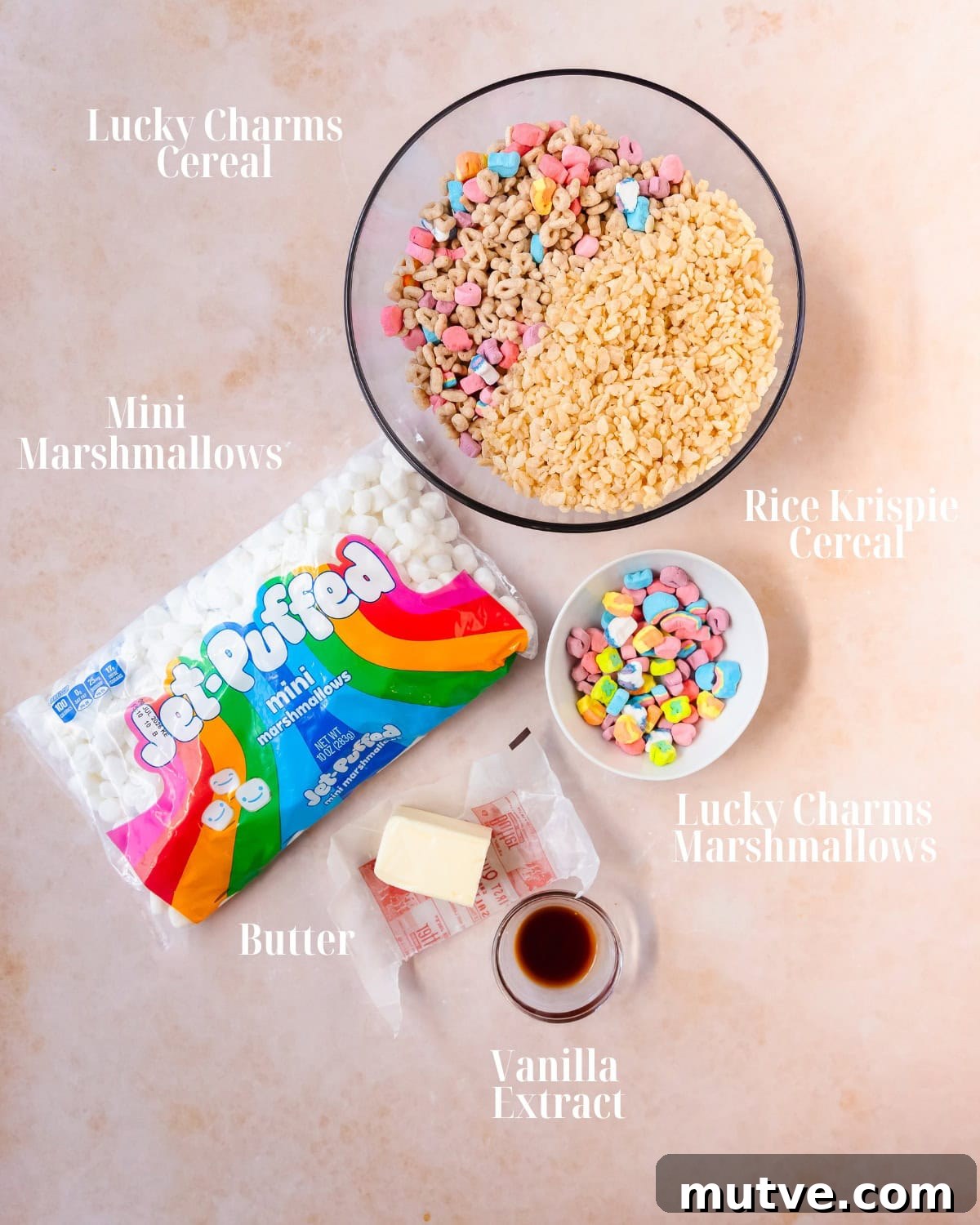 Gather Lucky Charms cereal, Rice Krispie cereal, mini marshmallows, butter, vanilla extract and salt.