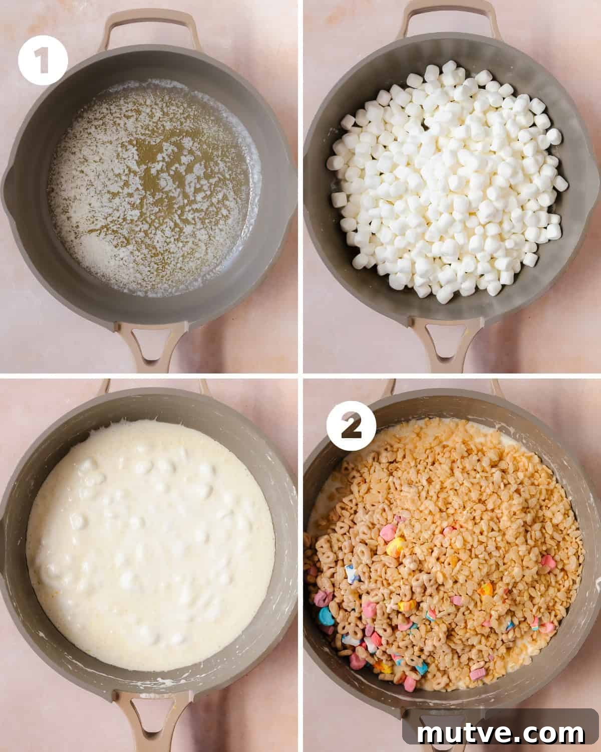 Grease and line a 9 x 9 pan with wax paper or foil along the bottom and two sides of the pan. Scoop out 1 cup of Lucky Charms cereal. Remove the marshmallows from this cup to use as a topping once the treats are made. Measure out the remaining ingredients before starting on making the treats. In a large sauce pan or pot, melt the butter on low heat. Once all the butter has melted add in the mini marshmallows. Stir continuously over low heat until the marshmallows are mostly melted. 
Once the marshmallows are mostly melted remove the pot from the heat. Stir in the vanilla extract and salt. Add the rice krispie and lucky charms cereal directly to the pan if possible. If not, make sure all the cereal is in a large bowl and pour the melted marshmallows directly into the bowl of cereal. Quickly and carefully stir the cereal and gooey marshmallows together until well combined.