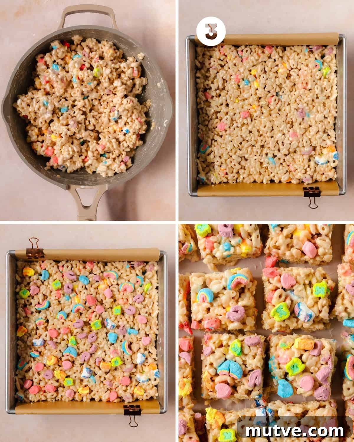 Evenly scoop the soft and gooey Lucky Charms cereal treats into the prepared pan. Gently press the lucky charm rice crispy treats into place. Top the treats with the reserved Lucky Charms marshmallows. Allow the treats to set for at least 30 minutes. Slice and enjoy.