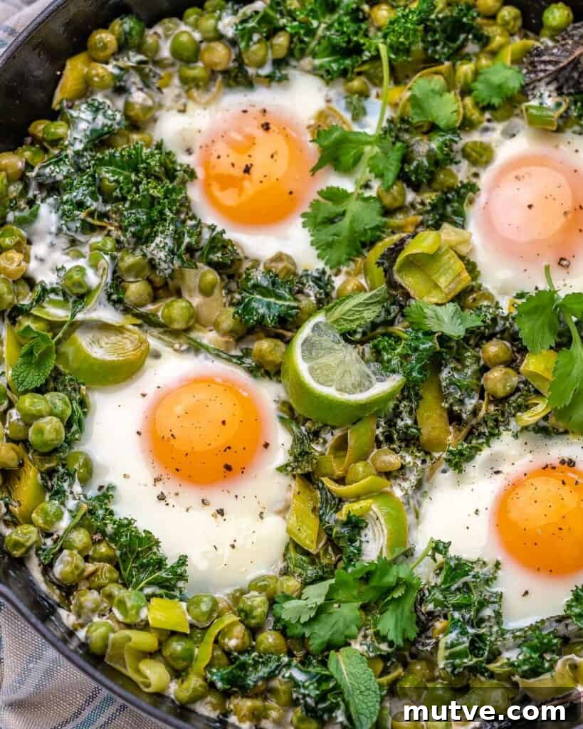 Green Shakshuka Recipe with Spinach, Herbs and Feta 3 top view of veggie shakshuka