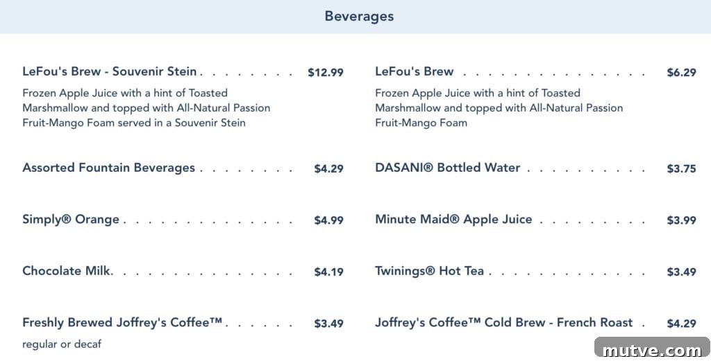 beverage menu from Gaston's Tavern.