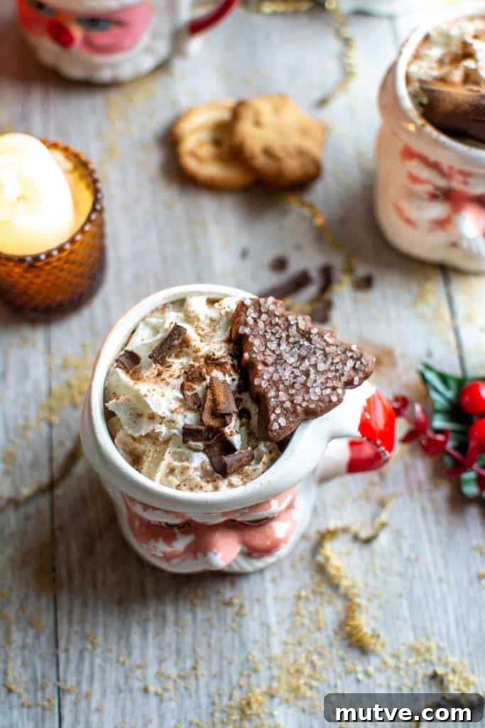 How to Make Mexican Mocha with Authentic Mexican Chocolate 3 A Santa mug full of Mexican mocha drink with a Christmas tree cookie on the side.