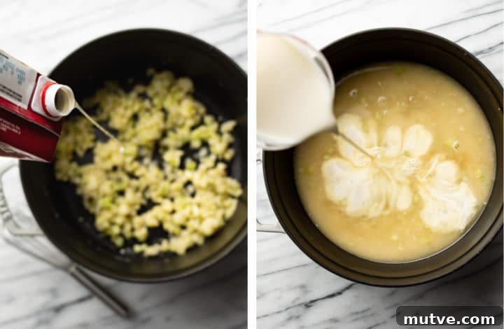 adding chicken broth and cream to make mac and cheese soup
