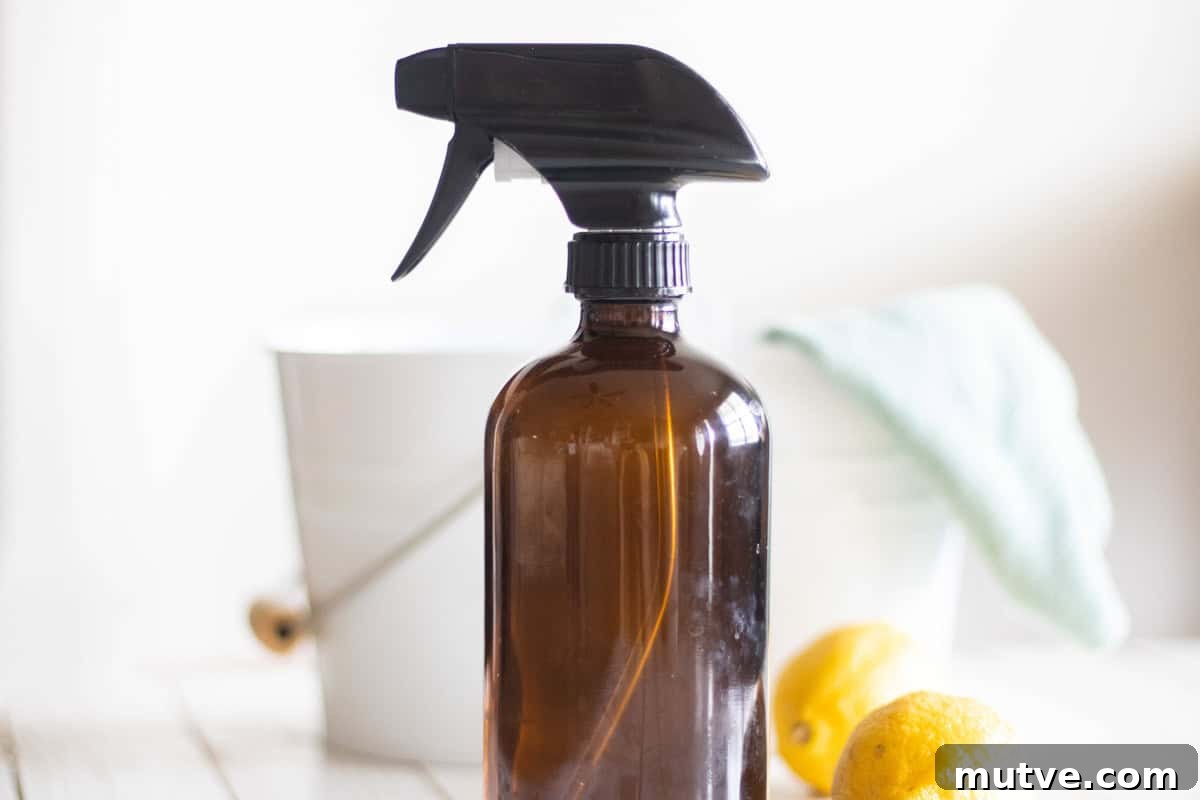 A bottle of all purpose cleaner with a bucket and rag behind it.