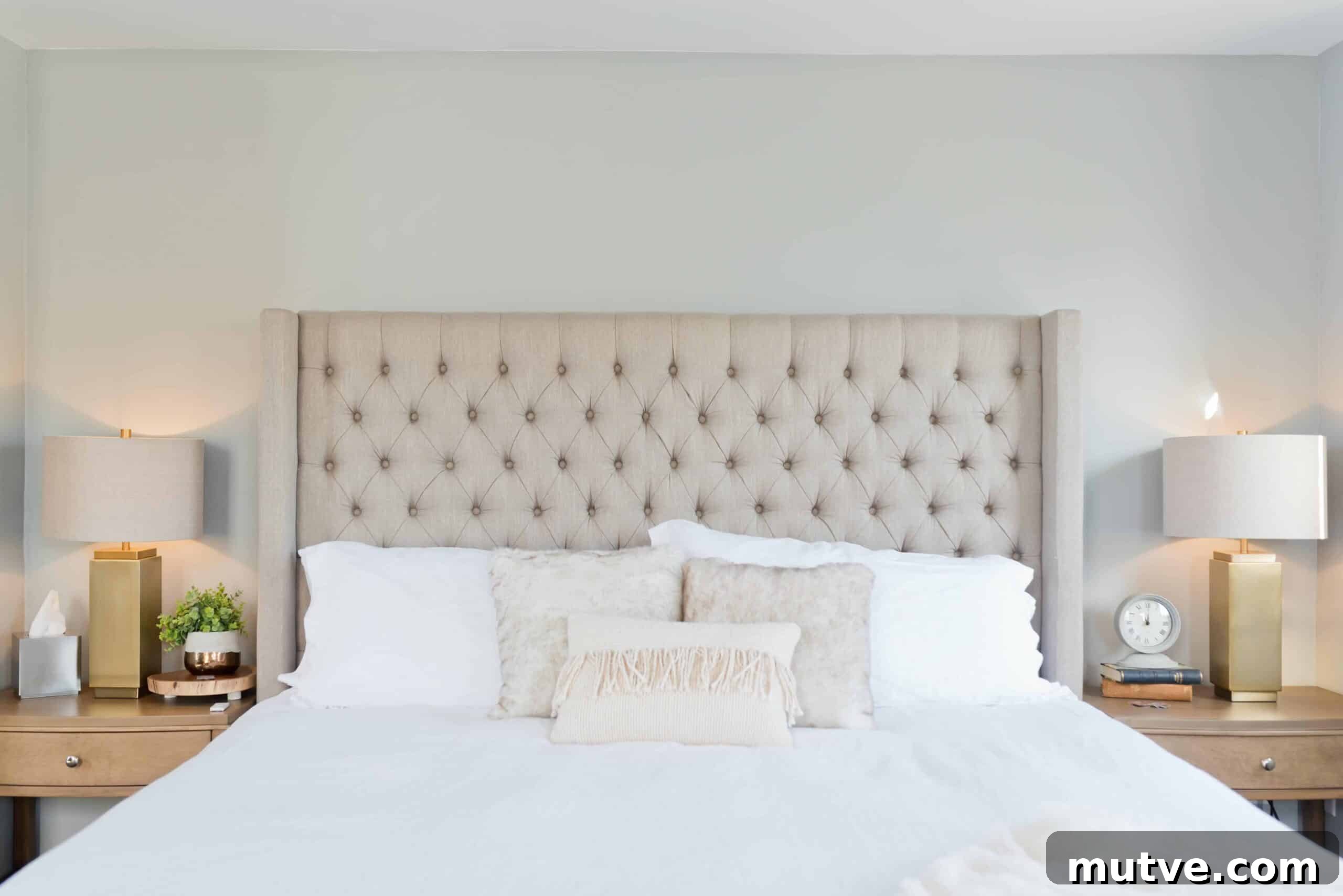 A bed with a large beadboard and bedside lamps turned on.