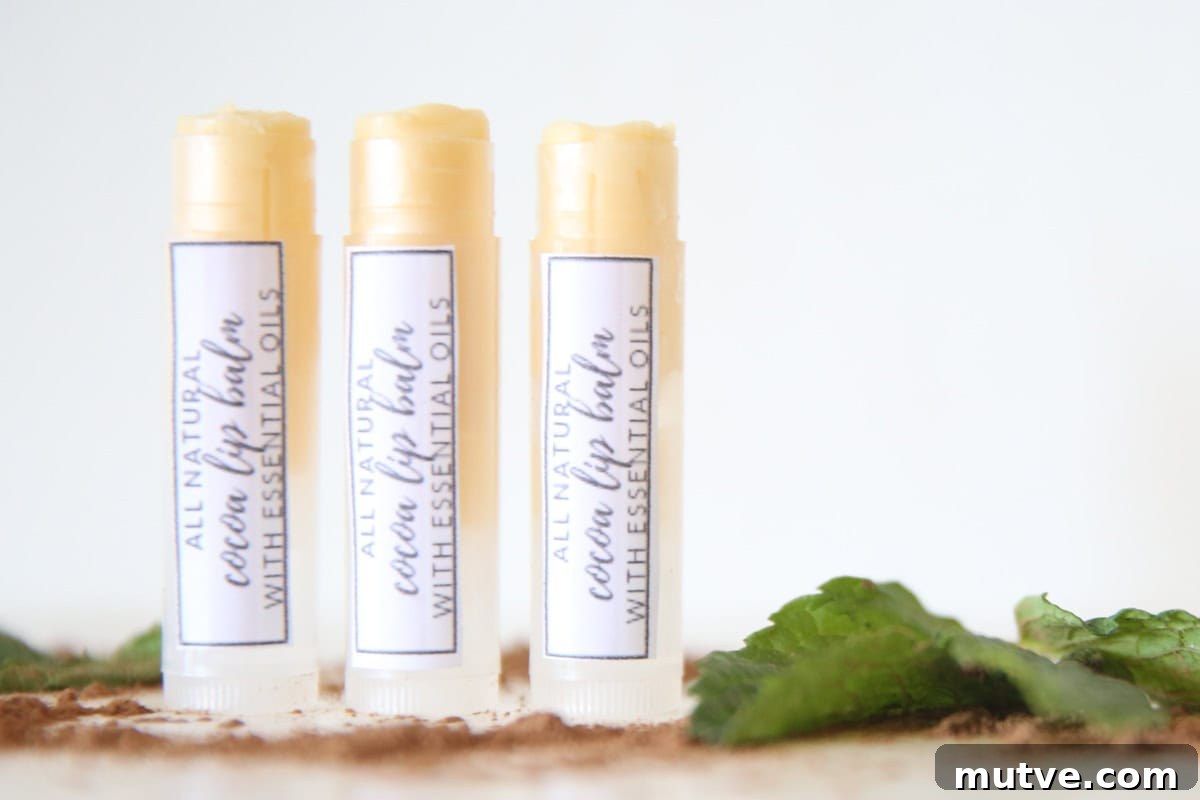 DIY lip balm in three reusable tubes with a homemade label.