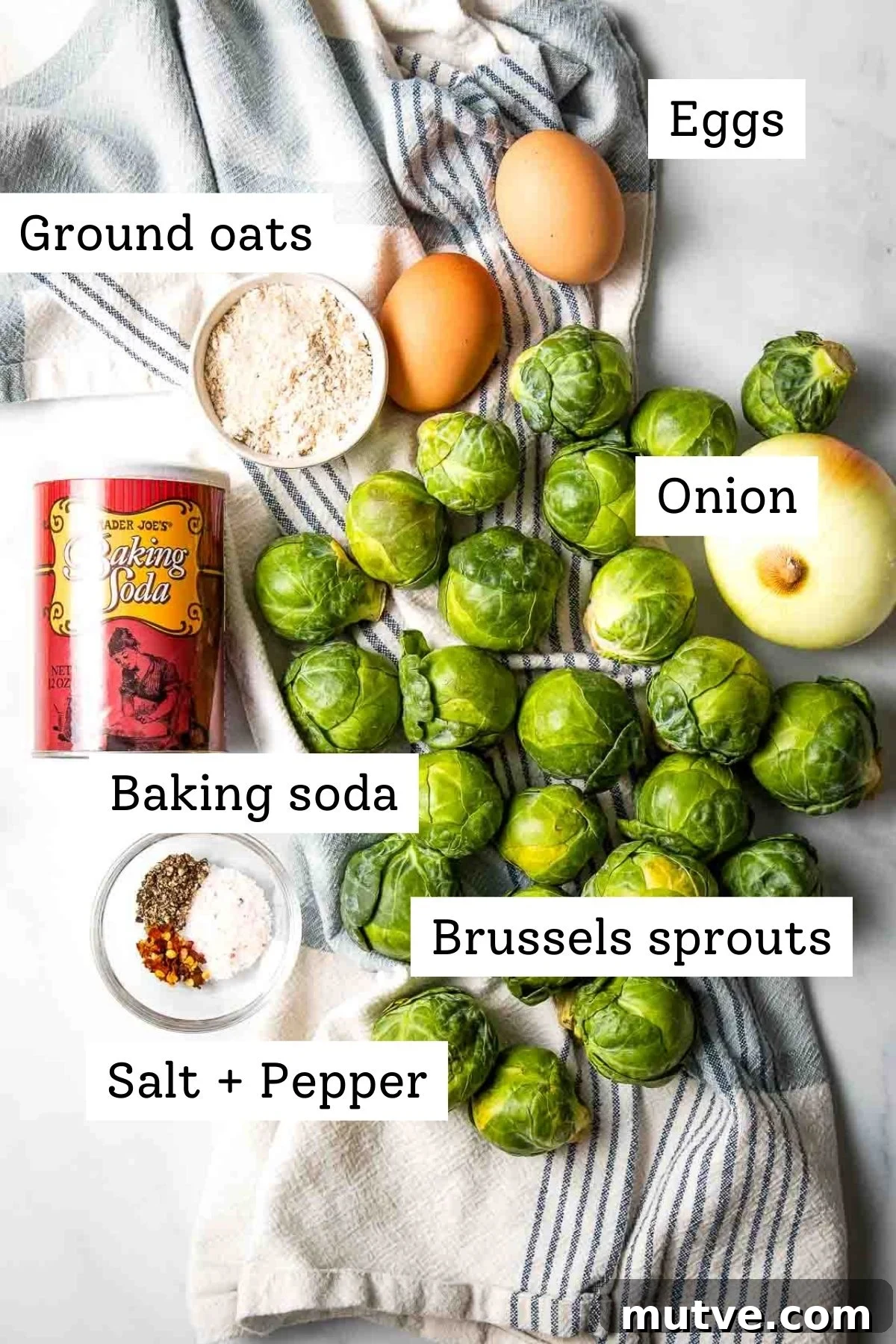 Crispy Oven Baked Brussels Sprouts Latkes 3 Labeled ingredients: brussels sprouts, baking soda, eggs, ground oats, salt and pepper, onion.