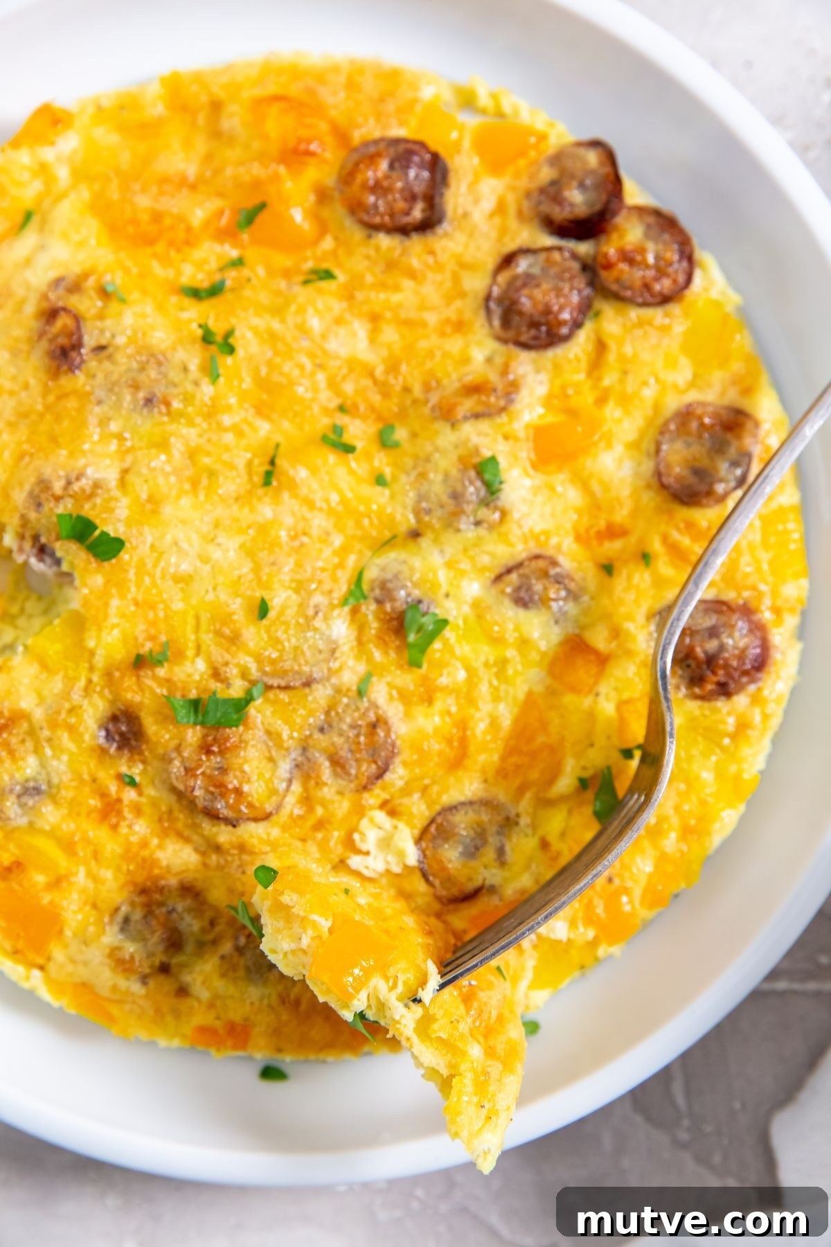 Air Fryer Omelet Recipe: Fluffy Breakfast in Minutes 2 air fryer omelet on a white plate with a fork