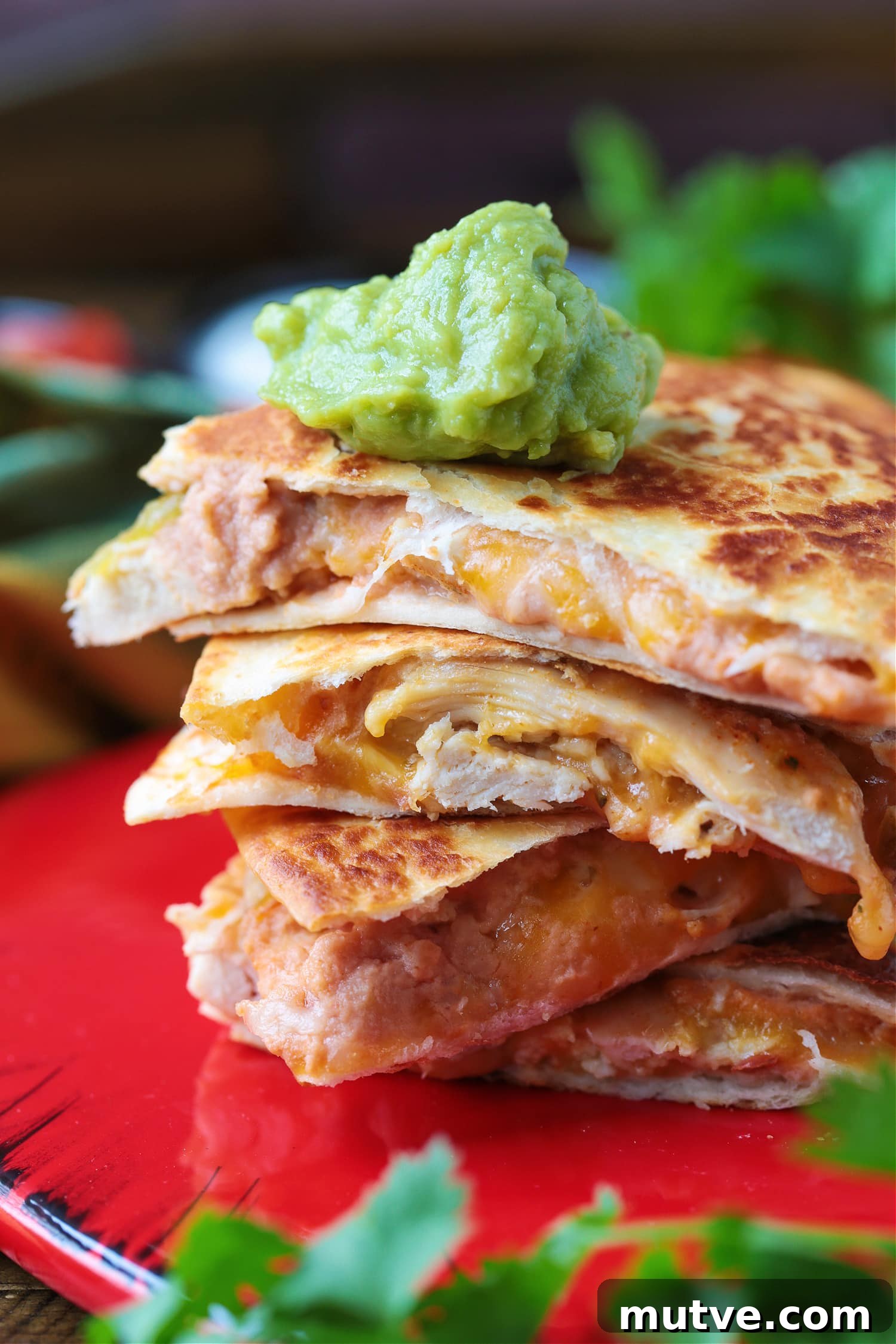 Our Ultimate Chicken Quesadillas have a perfect ratio of chicken, creamy beans and gooey cheese. The only quesadilla recipe you'll ever need! chicken quesadillas with guacamole on top