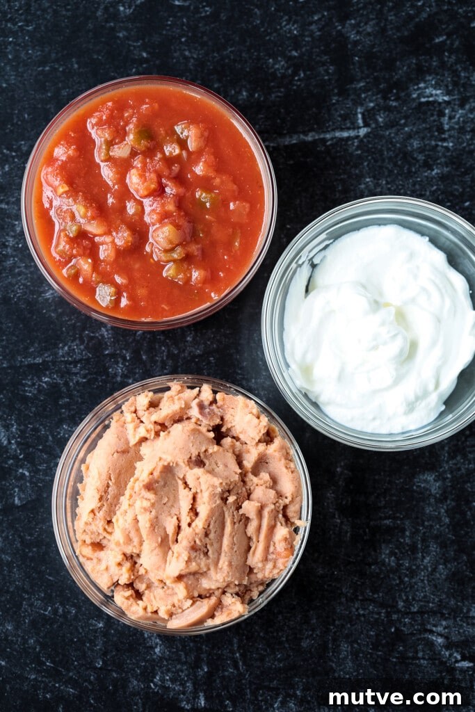 Salsa, sour cream and refried beans salsa, sour cream and refried beans on black board