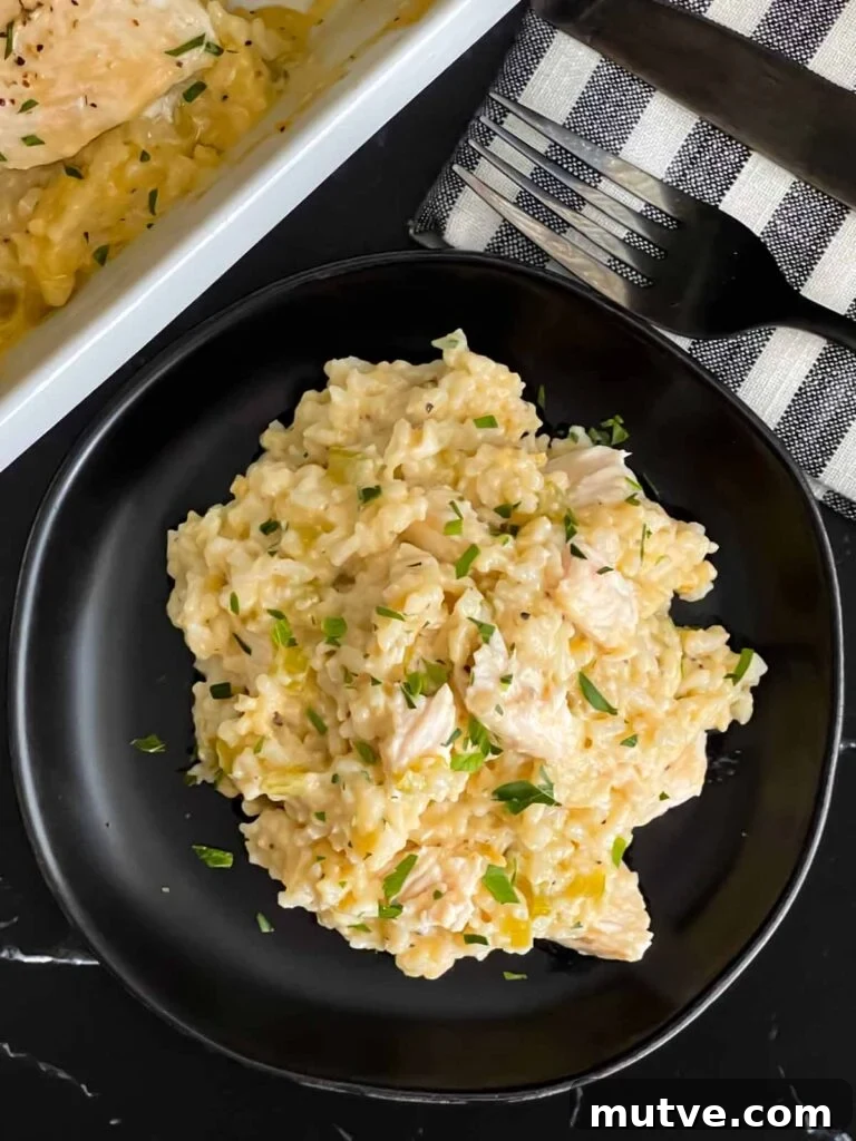 Chicken and rice casserole garnished with chopped parsley on a dark plate on a dark surface.