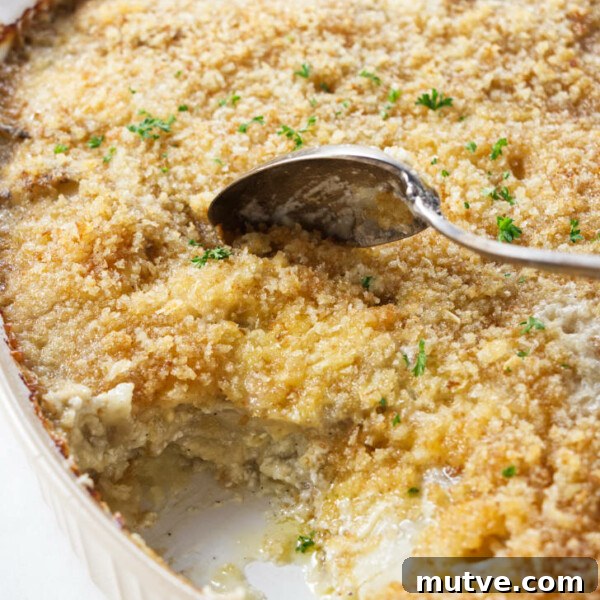 A casserole dish filled with au gratin potatoes.