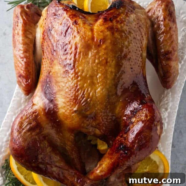 Bourbon brined Traeger turkey with a golden glaze from a brown sugar bourbon glaze.