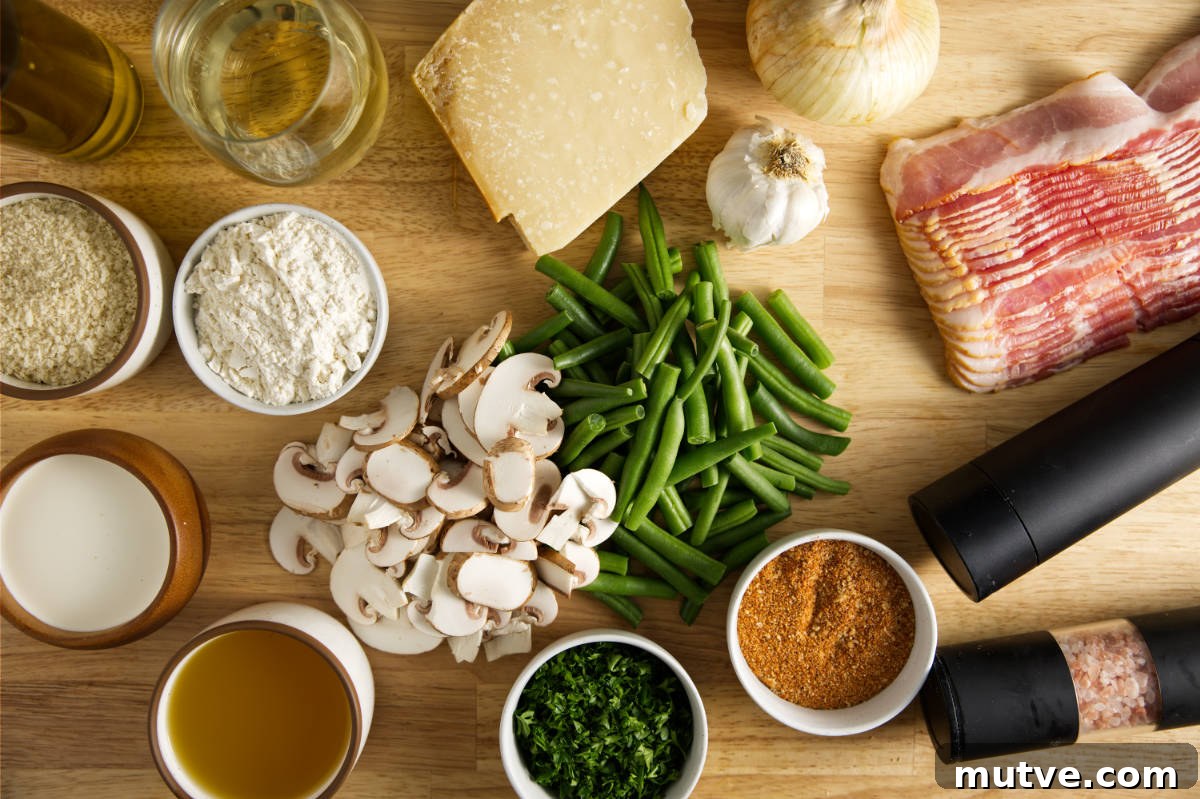 Ingredients for smoked green bean casserole including bacon, green beans, mushrooms, onion, garlic, flour, wine, seasoning, bread crumbs, etc.