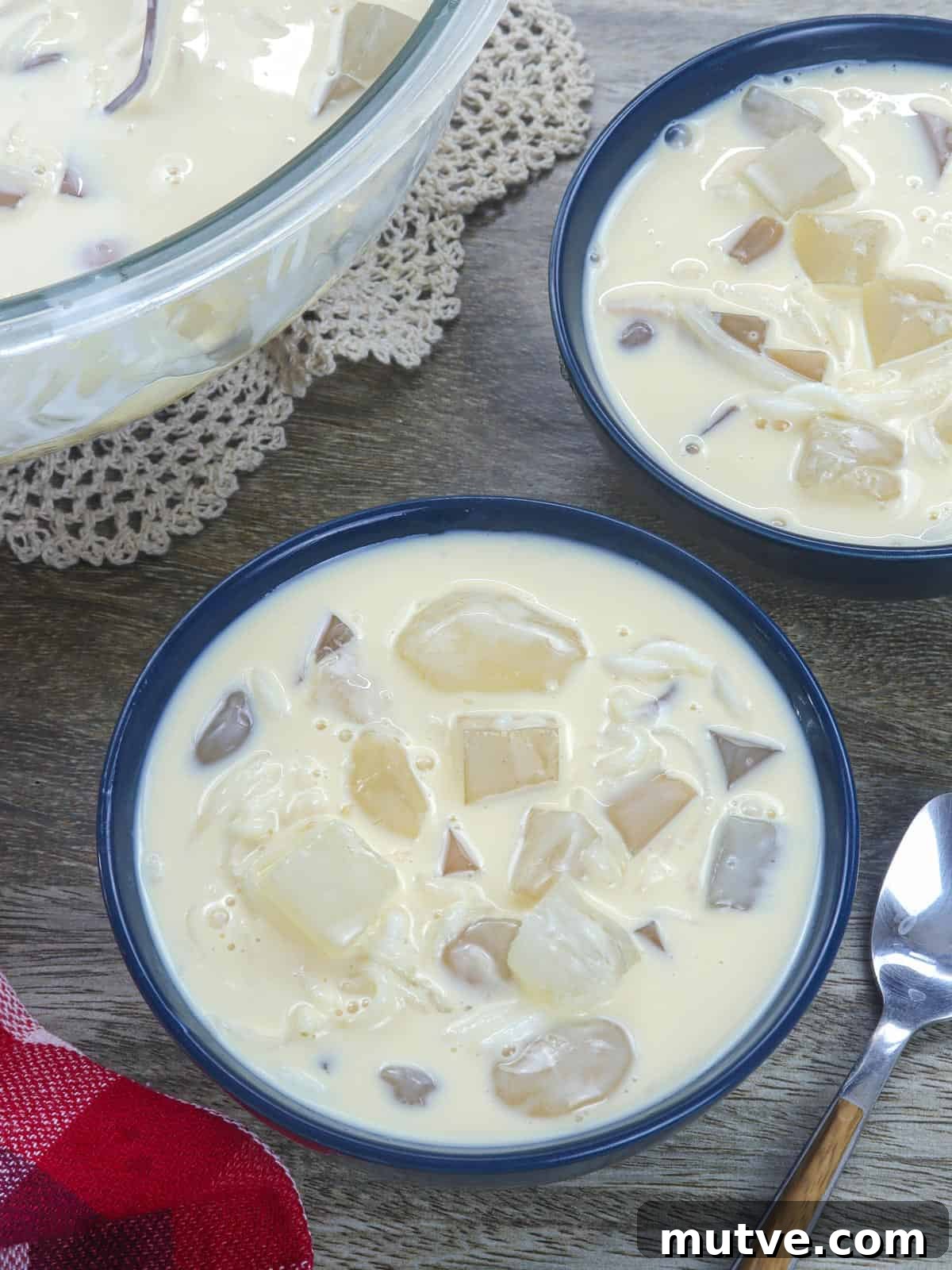 Creamy Buko Salad Recipe: Filipino Young Coconut Dessert 2 White Salad in blue bowls