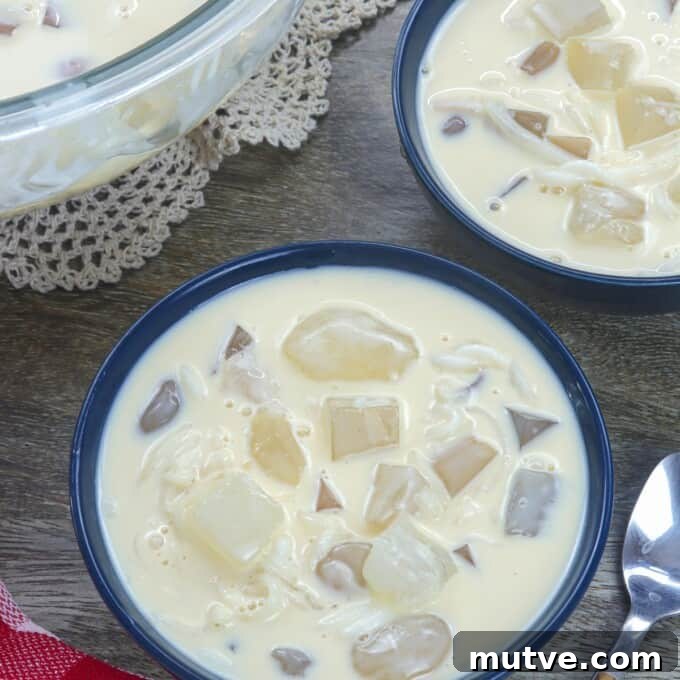 Creamy Buko Salad Recipe: Filipino Young Coconut Dessert 10 White Salad in blue bowls