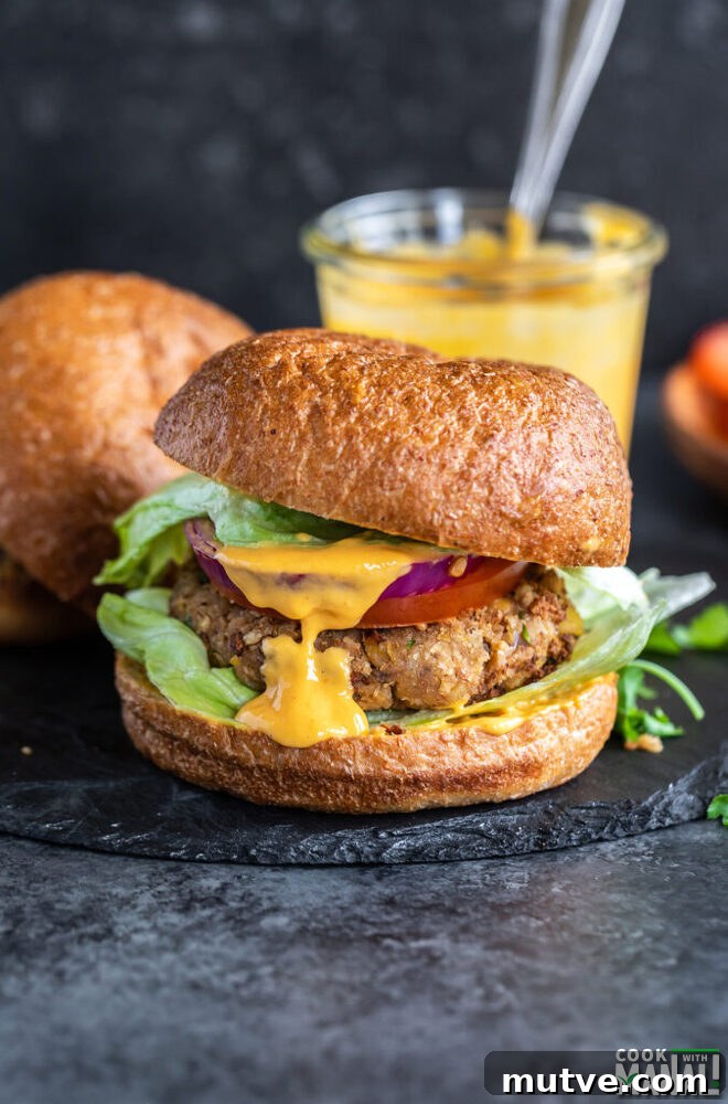burger with a patty, with a yellow sauce drizzled between the buns and lettuce placed on the bottom of the burger