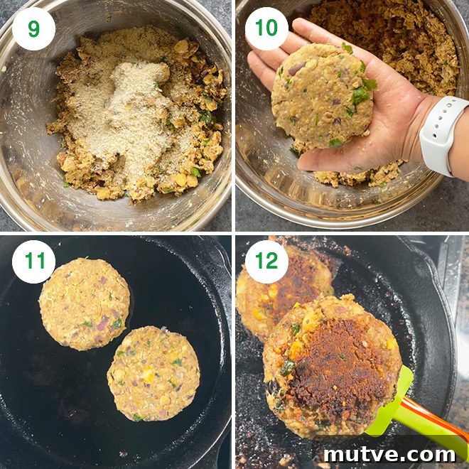 step by step picture collage of making chickpea burger