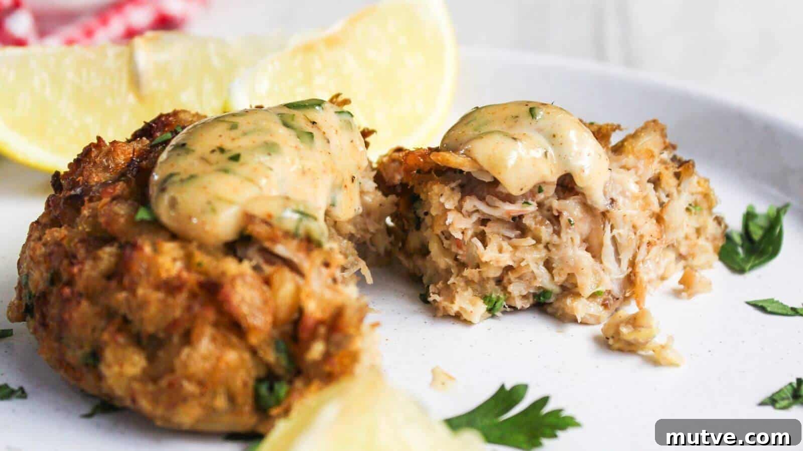 40 End-of-Summer Cookout Recipes to Celebrate Summer's Finale 22 Two crab cakes on a white plate garnished with lemon wedges and parsley, with a dollop of sauce on top.