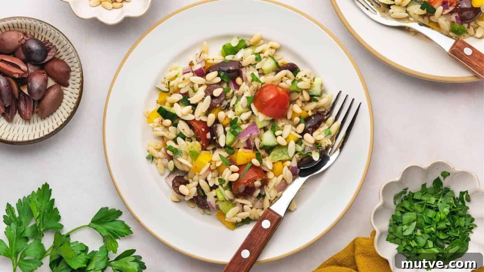 40 End-of-Summer Cookout Recipes to Celebrate Summer's Finale 33 A plate of orzo pasta salad with cherry tomatoes, olives, chopped vegetables, and herbs, surrounded by small bowls of olives and fresh parsley.