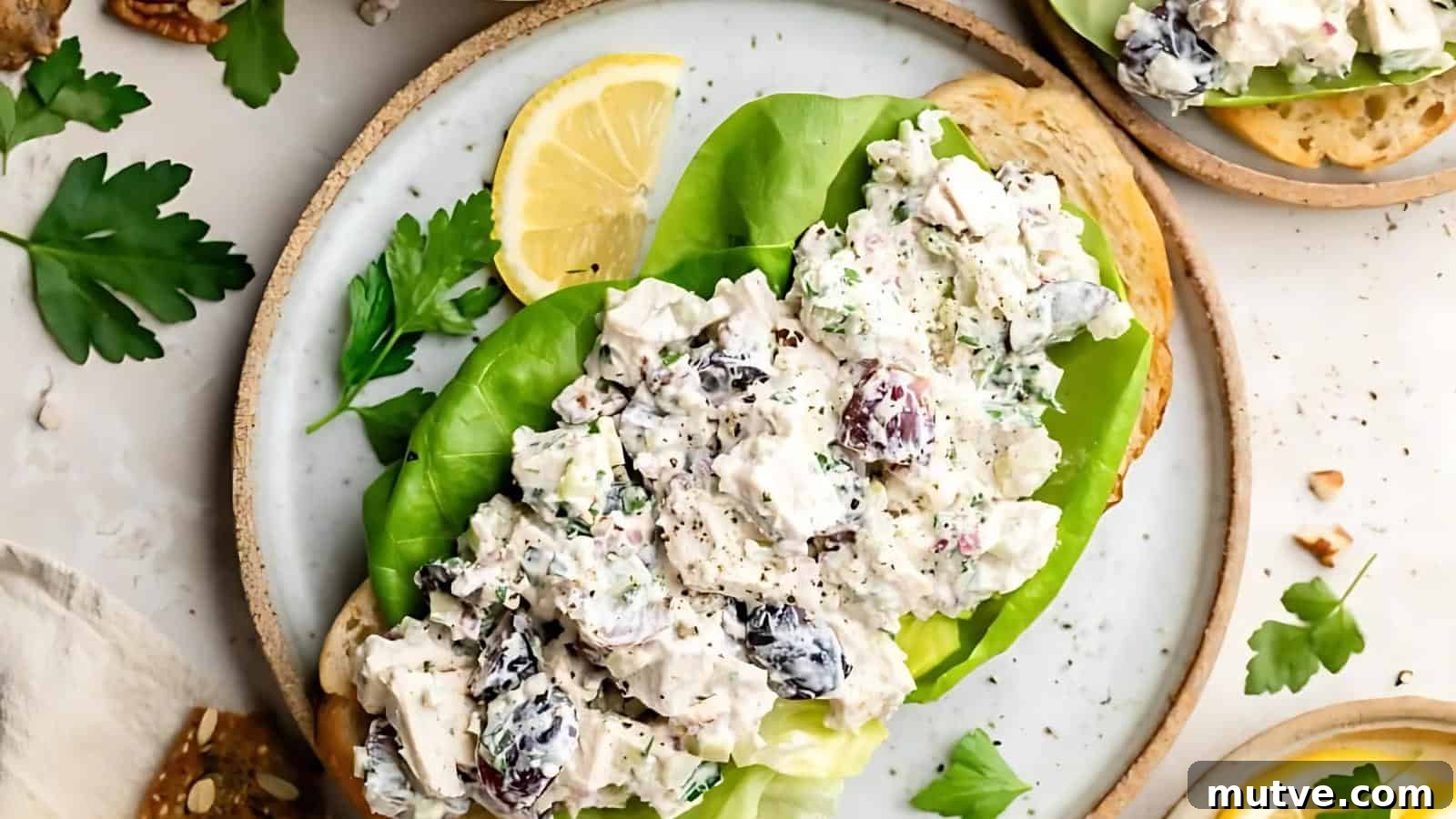 40 End-of-Summer Cookout Recipes to Celebrate Summer's Finale 38 Open-faced chicken salad sandwich with grapes and lettuce on toasted bread, garnished with a lemon slice and fresh parsley on a plate.