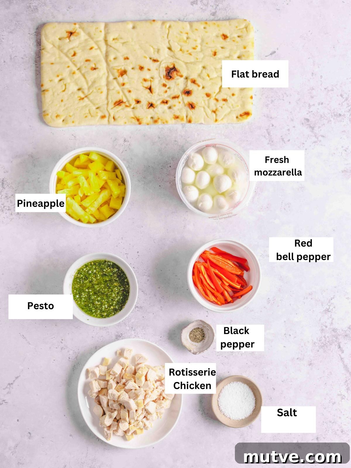Pesto Chicken Flatbread Pizza Recipe 3 ingredients list for chicken pesto pizza.