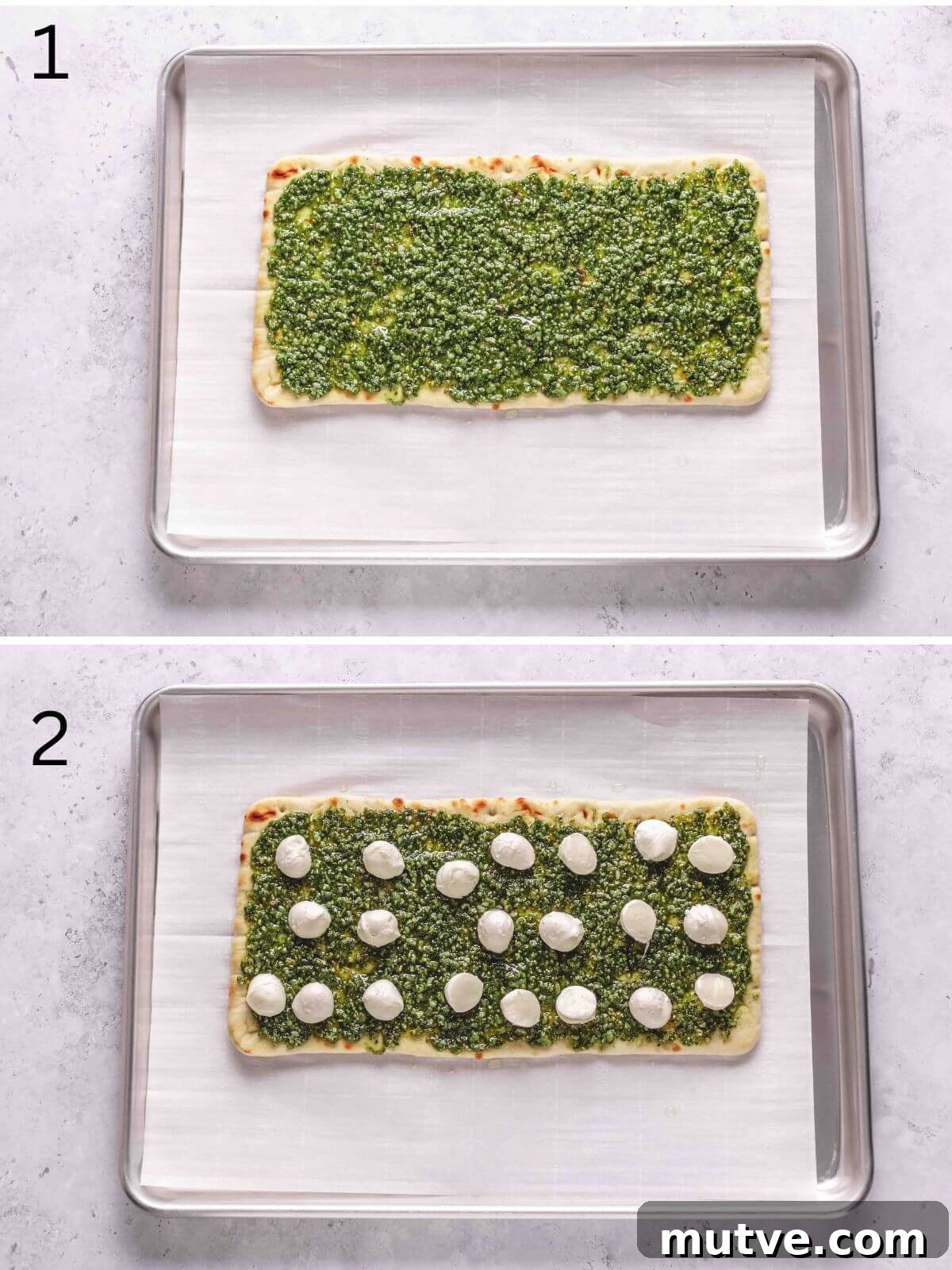 Pesto Chicken Flatbread Pizza Recipe 5 Basil pesto spread over flatbread topped with sliced mozzarella balls.