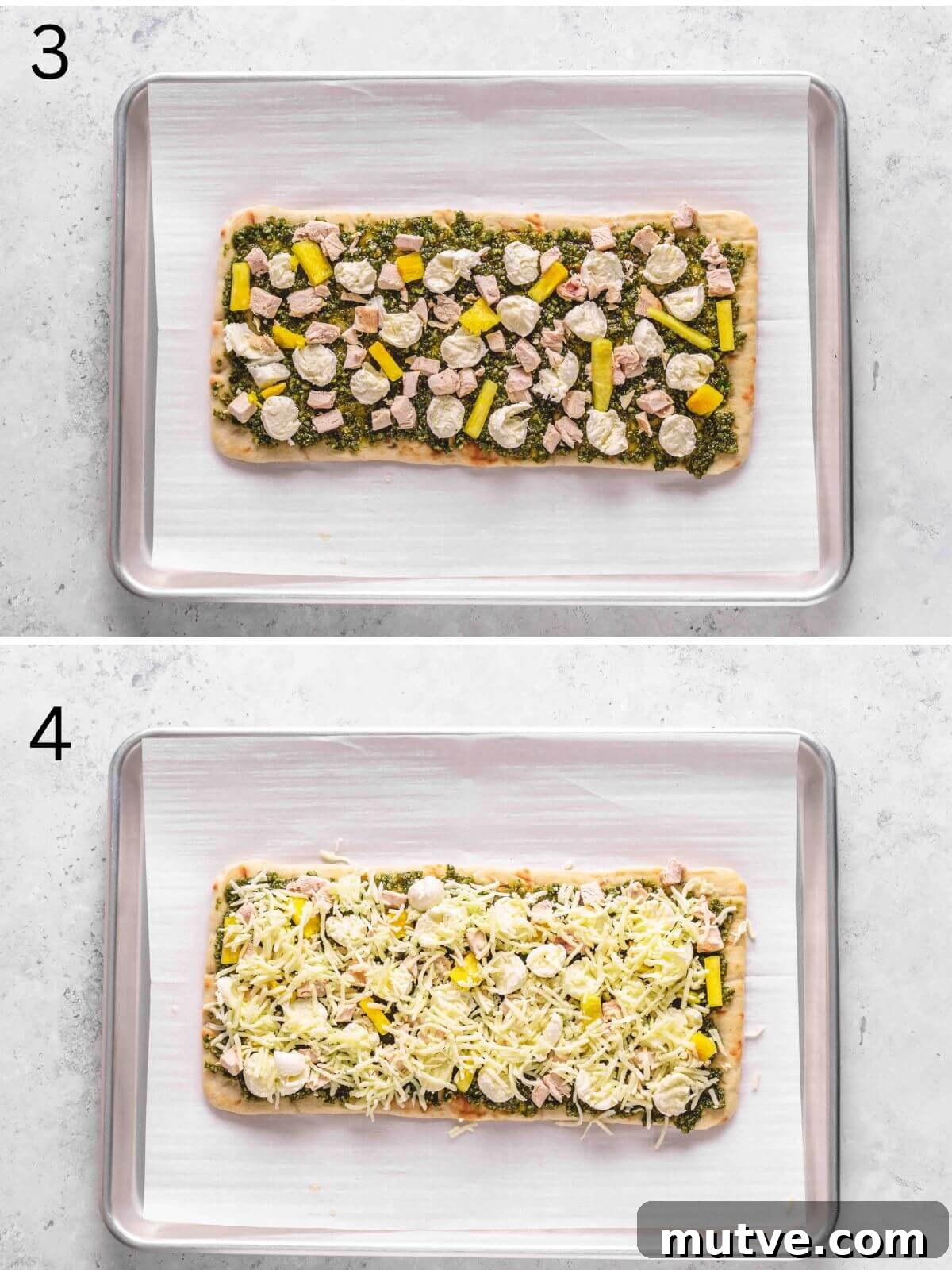 Pesto Chicken Flatbread Pizza Recipe 6 chicken flatbread pizza topped with chicken and pineapple.