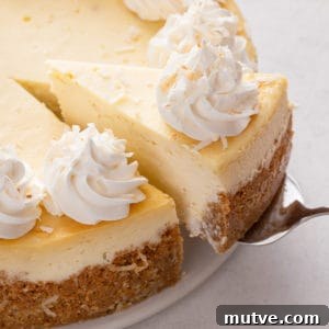 Creamy Coconut Cheesecake Recipe 15 Cake server lifting up a slice of coconut cheesecake.