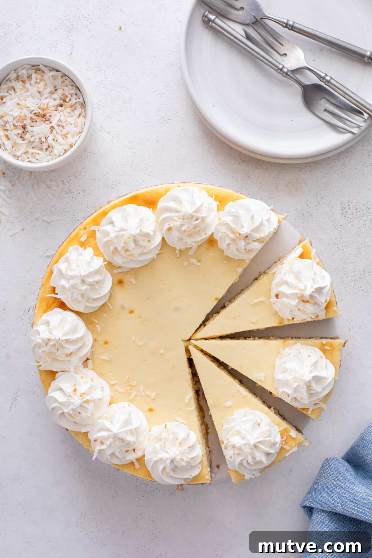 Creamy Coconut Cheesecake Recipe 3 Overhead view of sliced coconut cheesecake garnished with whipped cream.