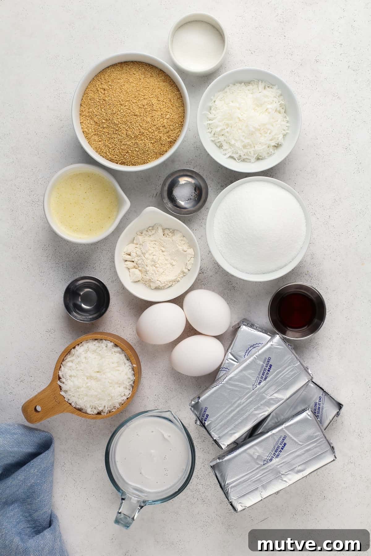 Creamy Coconut Cheesecake Recipe 5 Coconut cheesecake ingredients arranged on a countertop.