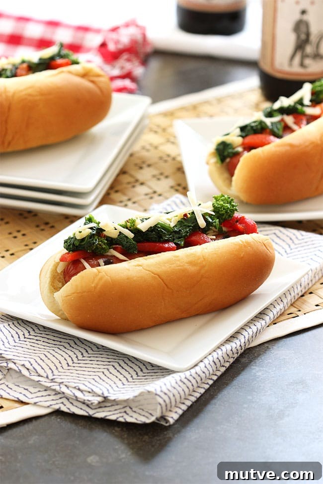 Italian Style Hot Dogs with Broccoli Rabe, Provolone and Roasted Red Peppers | The Suburban Soapbox #greatergrilling #hebrewnational #ad