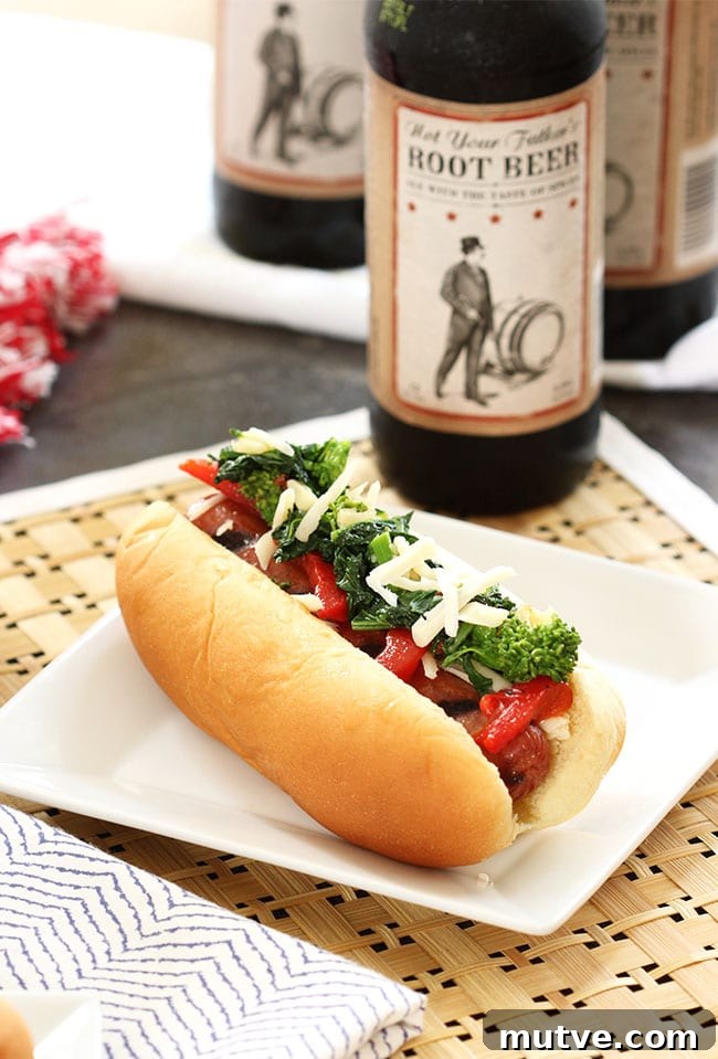 Italian Style Hot Dogs with Broccoli Rabe, Provolone and Roasted Red Peppers | The Suburban Soapbox #greatergrilling #hebrewnational #ad