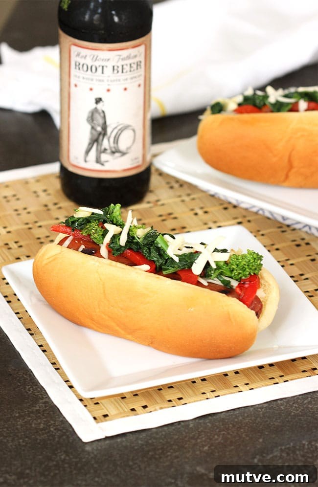 Italian Style Hot Dogs with Broccoli Rabe, Provolone and Roasted Red Peppers | The Suburban Soapbox #greatergrilling #hebrewnational #ad