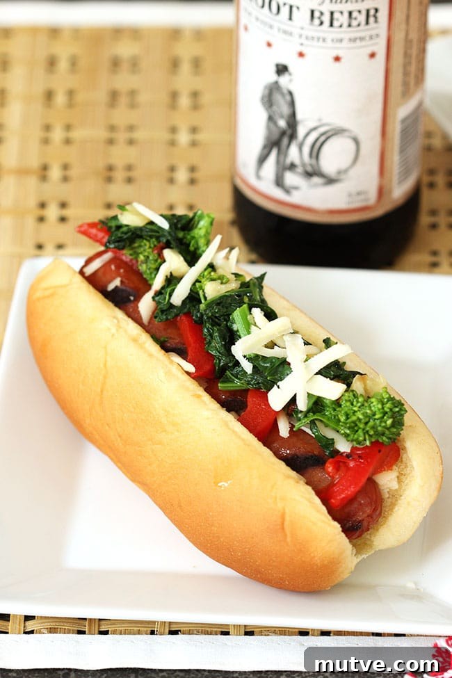 Italian Style Hot Dogs with Broccoli Rabe, Provolone and Roasted Red Peppers | The Suburban Soapbox #greatergrilling #hebrewnational #ad