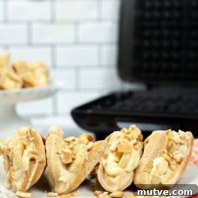 4 banana pudding tacos with waffle iron in the background
