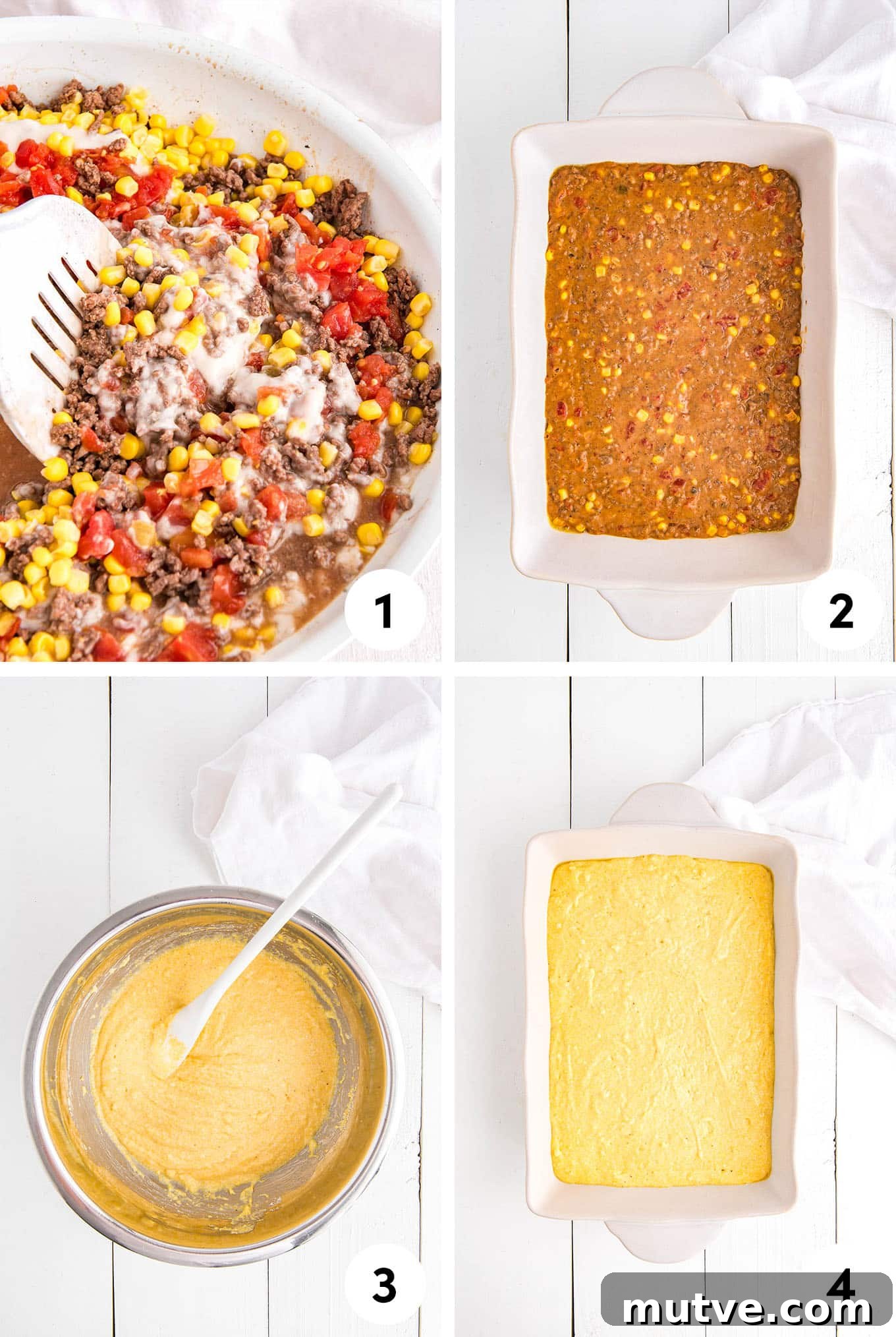 Process shots of how to make mexican cornbread casserole.