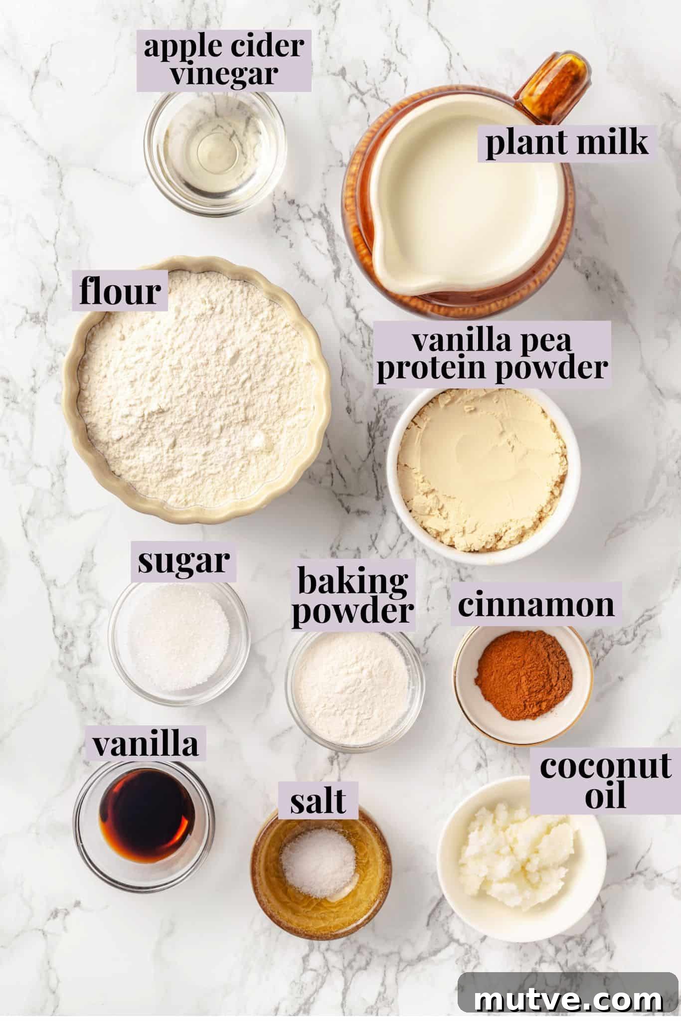 Overhead view of ingredients for protein pancakes
