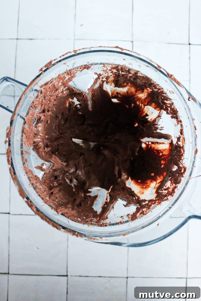 High-Protein Cottage Cheese Fudge - 4-Ingredient Recipe 5 An overhead shot of cottage cheese fudge mixture blended in a blender.