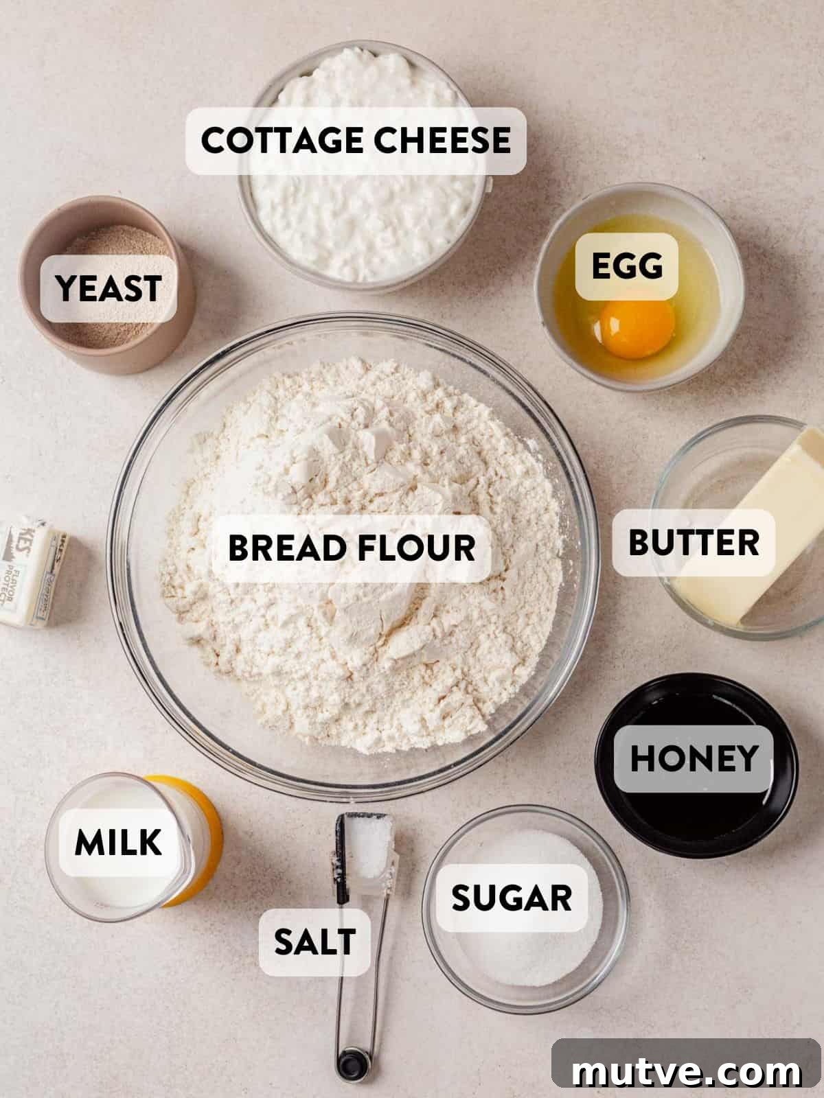 cottage cheese dinner roll ingredients on a countertop.