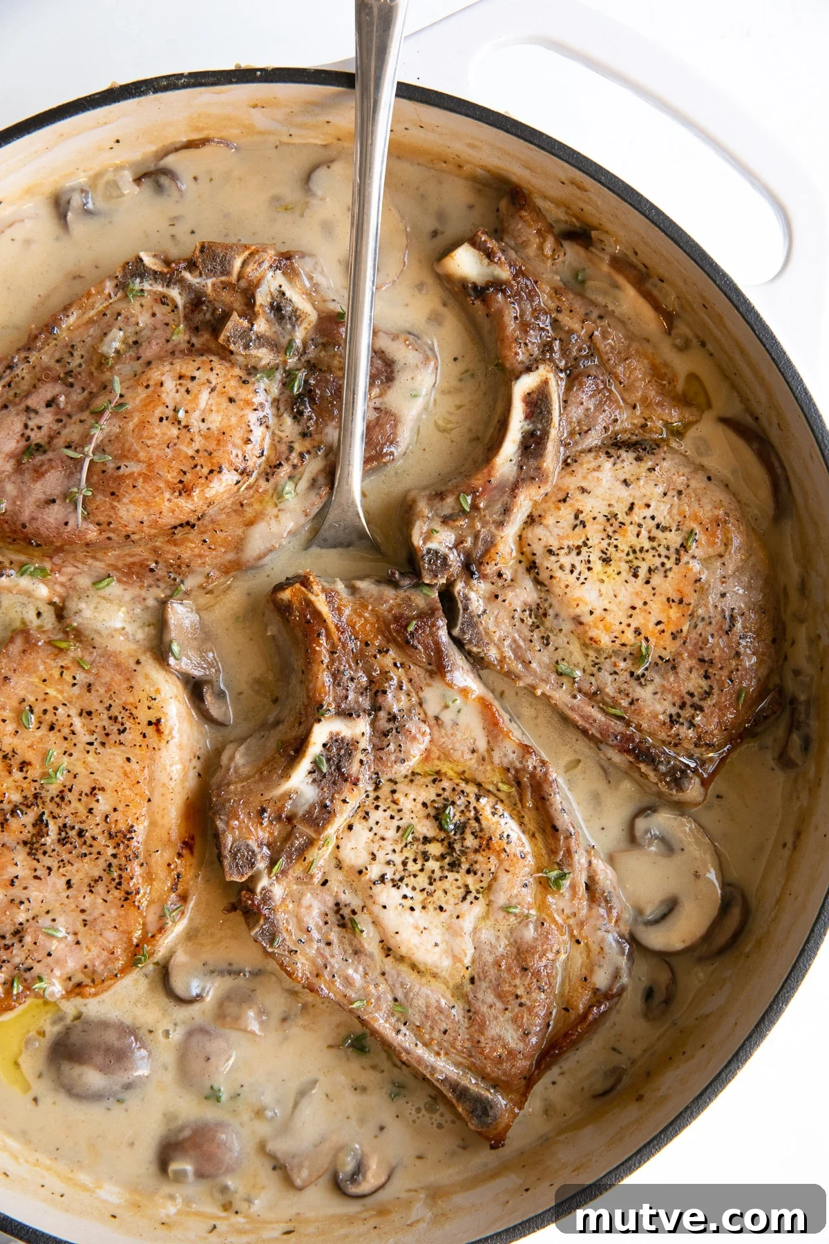 One-Pan Smothered Pork Chops with Mushroom Gravy 2 White ceramic pan filled with cooked bone-in pork chops simmering in creamy mushroom sauce.