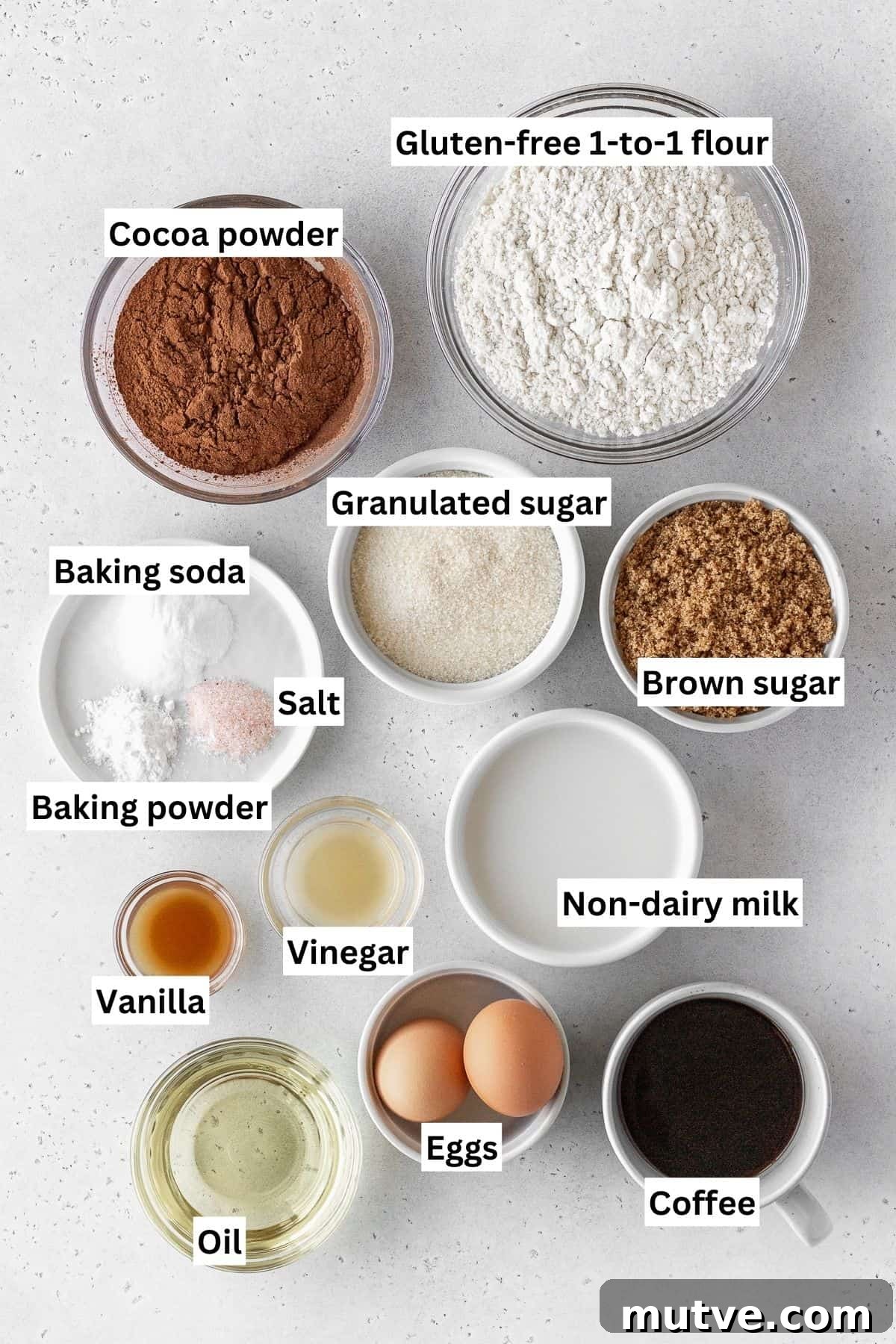 Gluten-free German chocolate cake ingredients measured out into bowls with text overlay.