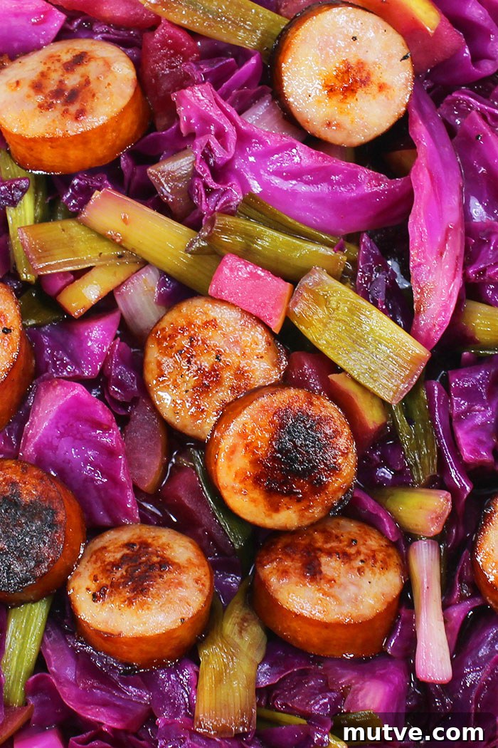 One-Pot Crispy Sausage with Sauteed Cabbage 3 Closeup Shot of Fried Cabbage and Kielbasa Sausage
